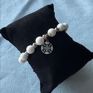 Rustic Cuff Chic White and Silver Beaded Bracelet with Charm